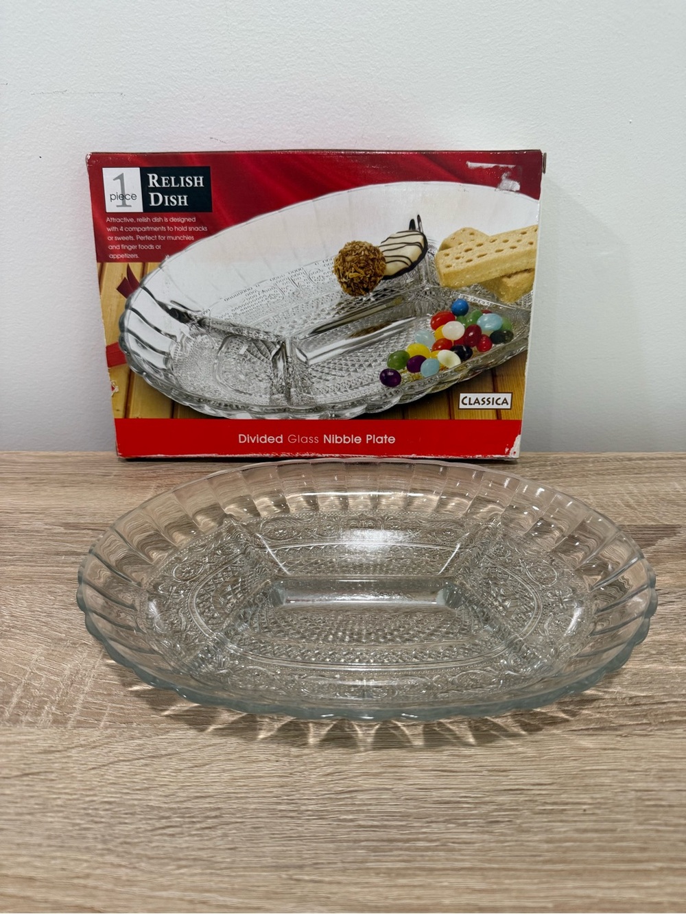 Vtg Classica Clear Heavy Glass Divided 4 Compartment Relish Dish Indonesia Box